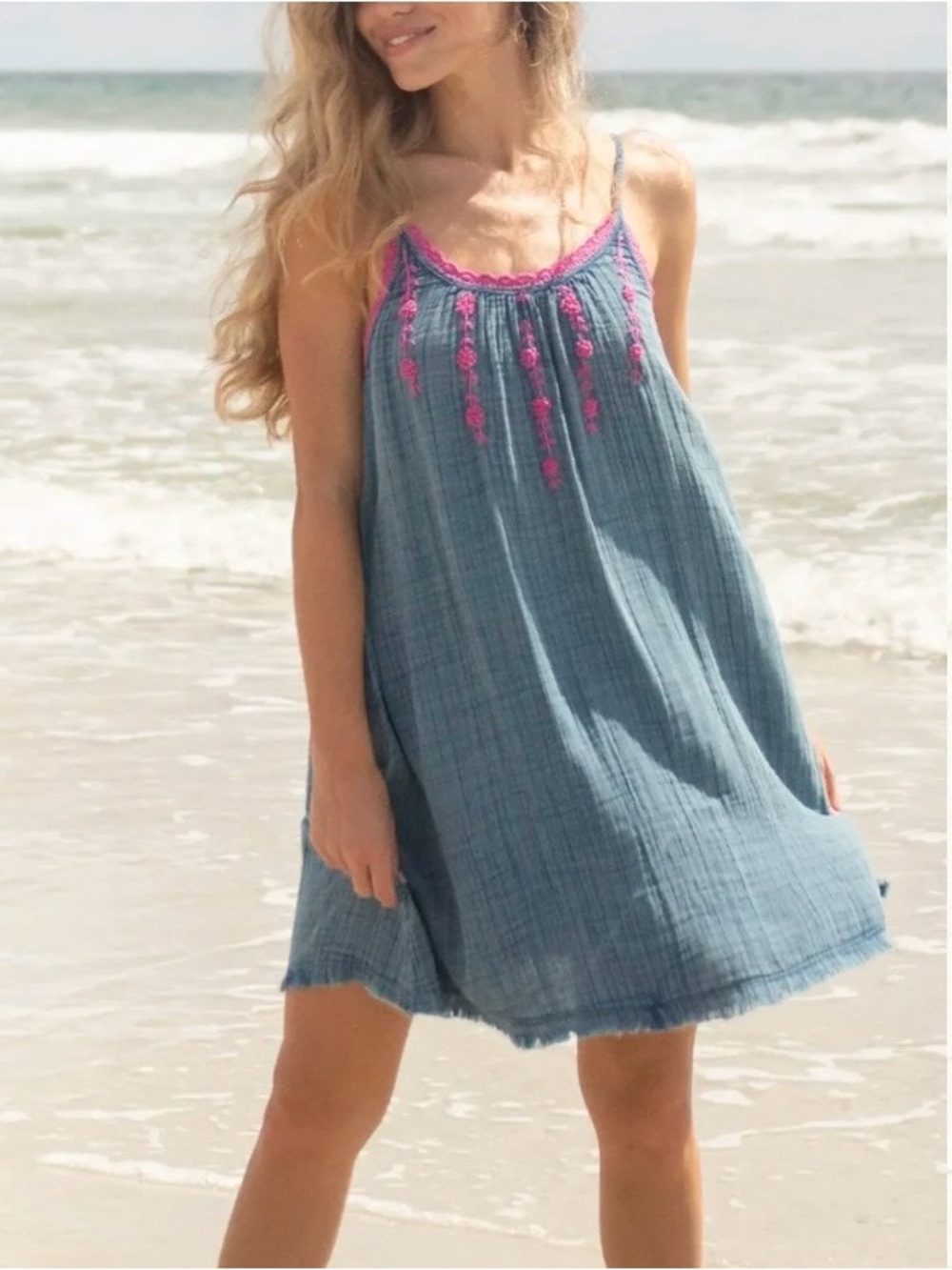 NATURAL LIFE Blue Sundress with Pink Embroidery